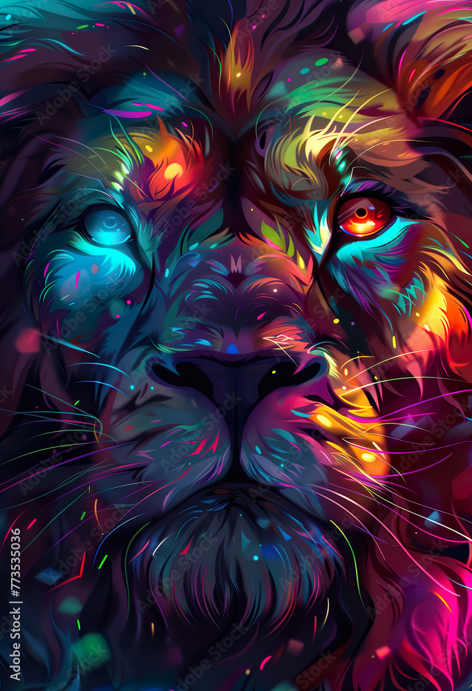 Lion head in bright and glowing colors Lion head in bright and glowing colors