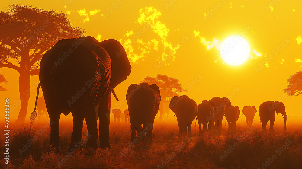 Fototapeta premium Una manada de elefantes se aleja en el atardecer
