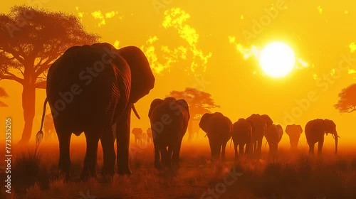 Obraz Una manada de elefantes se aleja en el atardecer