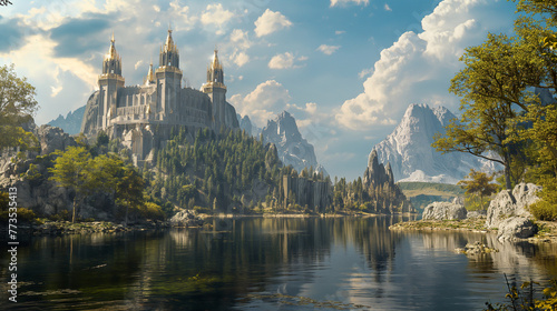Vista general de un castillo ficticio rodeado de un bosque y un lago photo