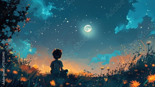 Little boy sitting cross-legged on meadow at night scene with a moon background
