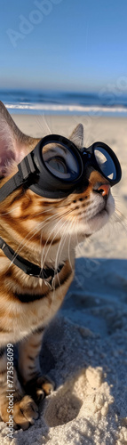 A cat wearing goggles is standing on a beach. The cat is looking out at the ocean. The scene is peaceful and relaxing