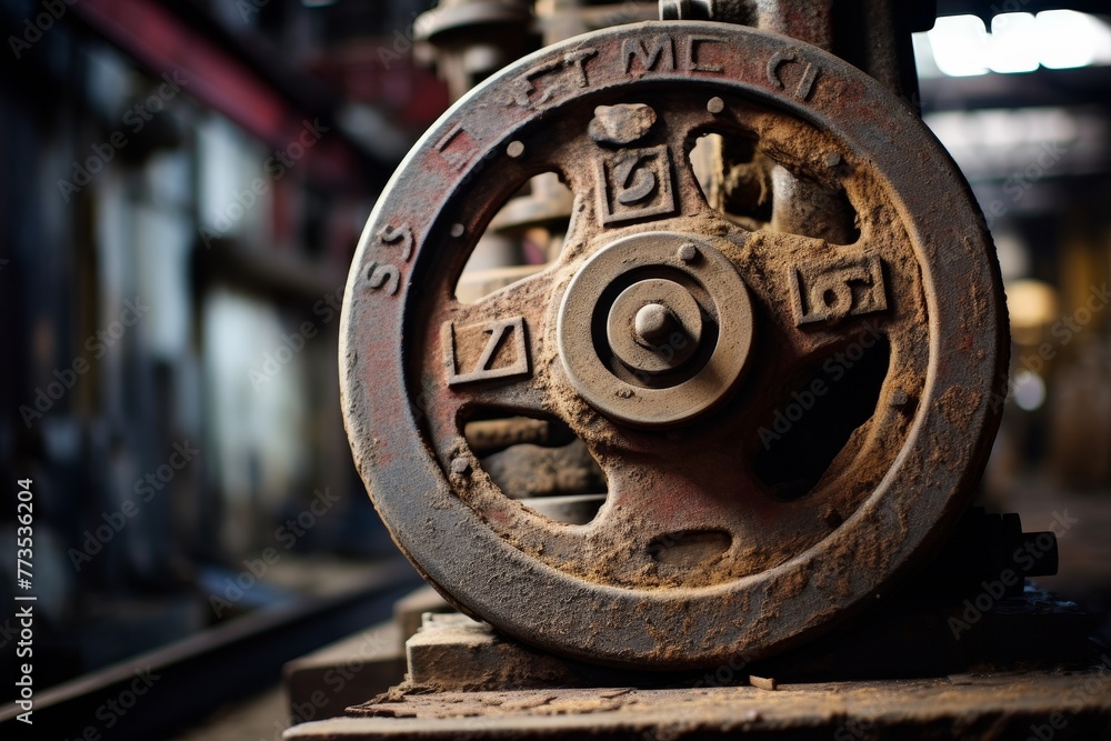 Strength in Detail: A Close-Up Image of a Heavy-Duty Seal Amidst the Rustic Beauty of an Old Factory Setting