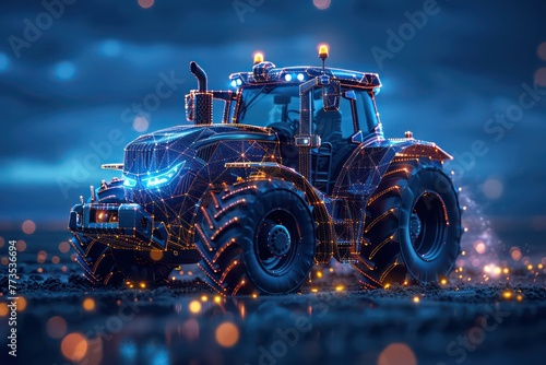 3d rendering illustration Agriculture and Farming car truck.hologram futuristic show technology security for premium product business finance. Harvester trucks, tractors, farmers and village farm