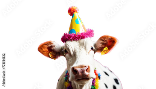 vibrant cute background. Funny cow wearing colorful party hat confetti friendly brithday studio ai generative calf domestic farm animal birthday humorous celebration