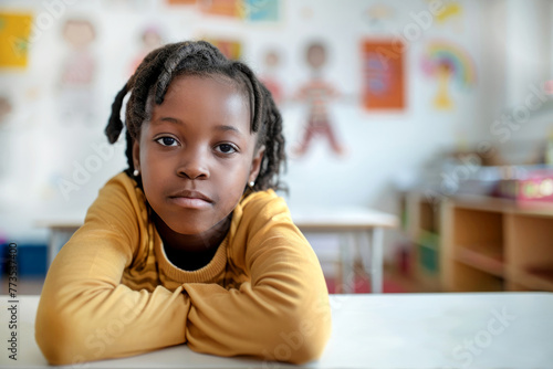Serious black girl in a yellow sweater sits at a desk in a bright school classroom, on the white wall of which children s drawings hang in a blur zone. Portrait of young black schoolgirl studying. photo