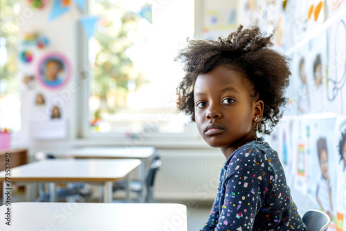 Black girl in a dark blue dress sits at a desk in a bright school classroom opposite a window, on the walls of which children s drawings hang in the blur zone.