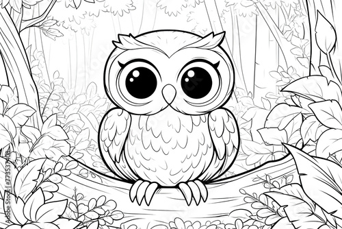 A forest scene coloring page with a owl. Perfect for children's coloring books. Illustrated in black and white outline.