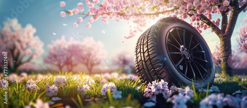 summer tires in the blooming spring in the sun - time for summer tires.