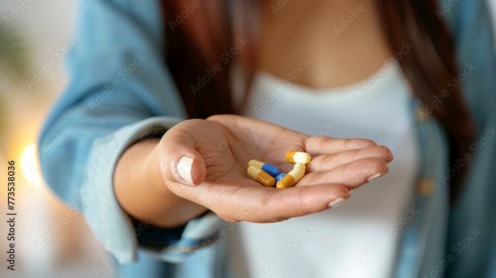 Female holding pills in the palm, taking dietary supplements, vitamins or medicine, closeup. Generative AI