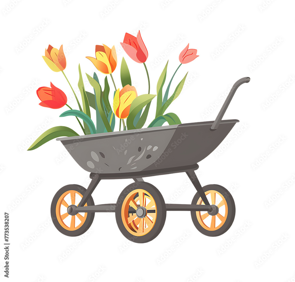 A clip art rendition featuring a wheelbarrow adorned with flourishing tulips, showcased against a white backdrop.







