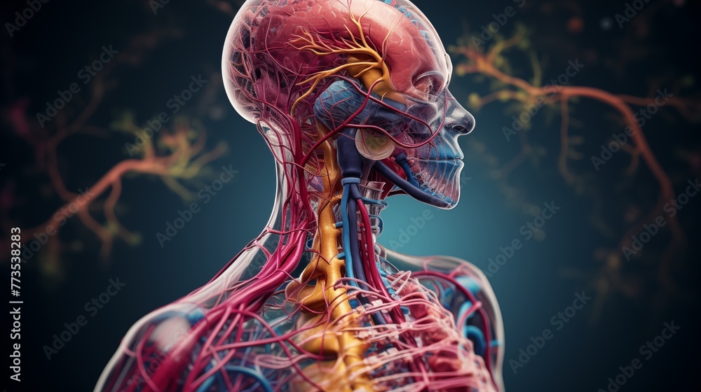 Human nervous vascular muscle system. Head shoot. Anatomically incorrect abstract background