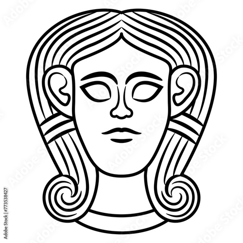 Head of goddess Astarte or Hathor. Ethnic mask. Antique female face. Black and white linear silhouette.