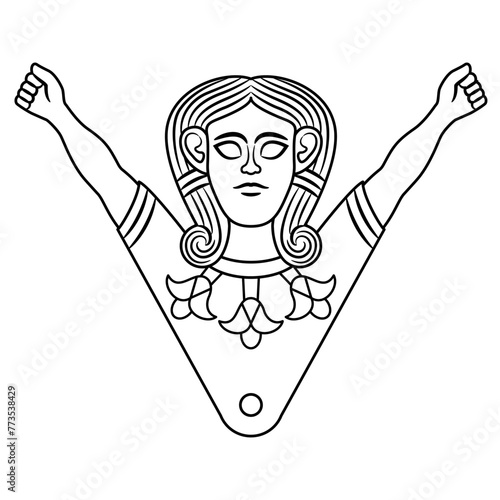 Ancient Near Eastern goddess Astarte with two raised arms. Antique woman. Feminist design. Black and white linear silhouette.