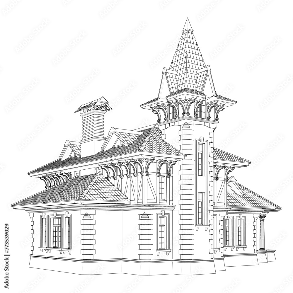 Victorian Residential House Vector. Illustration Isolated On White Background. 