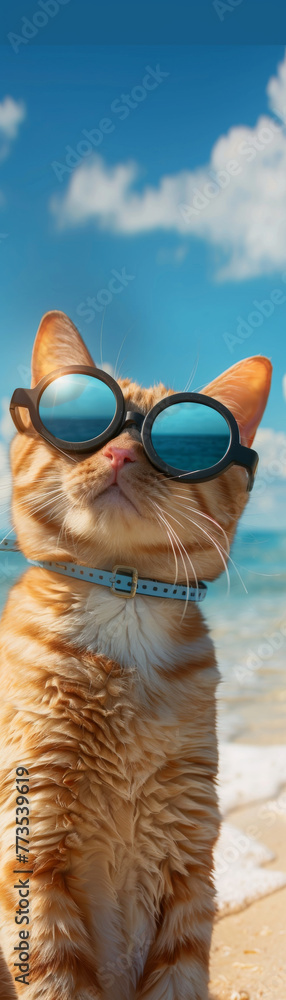 A cat wearing sunglasses is standing on a beach. The cat is smiling and looking at the camera. The scene is bright and cheerful, with the blue sky and the ocean in the background