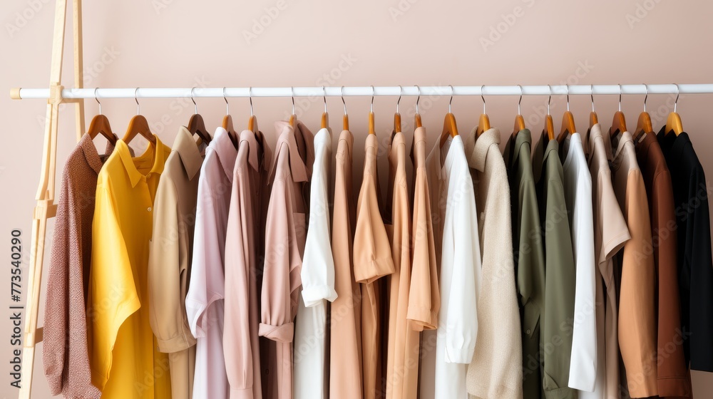 Stylish clothes are hanging in closet on clothing rack hangers Stylish clothes are hanging in closet on clothing rack hangers