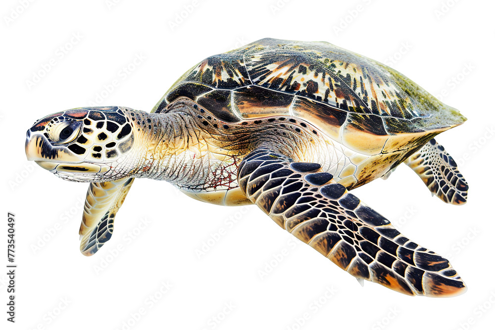 Fototapeta premium a serene sea turtle isolated on a white background, highlighting its graceful movements and ancient wisdom PNG