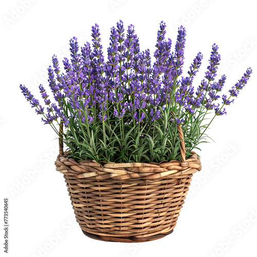 a photo of a woven gardening basket with flourishing lavender plants, isolated on a white background PNG