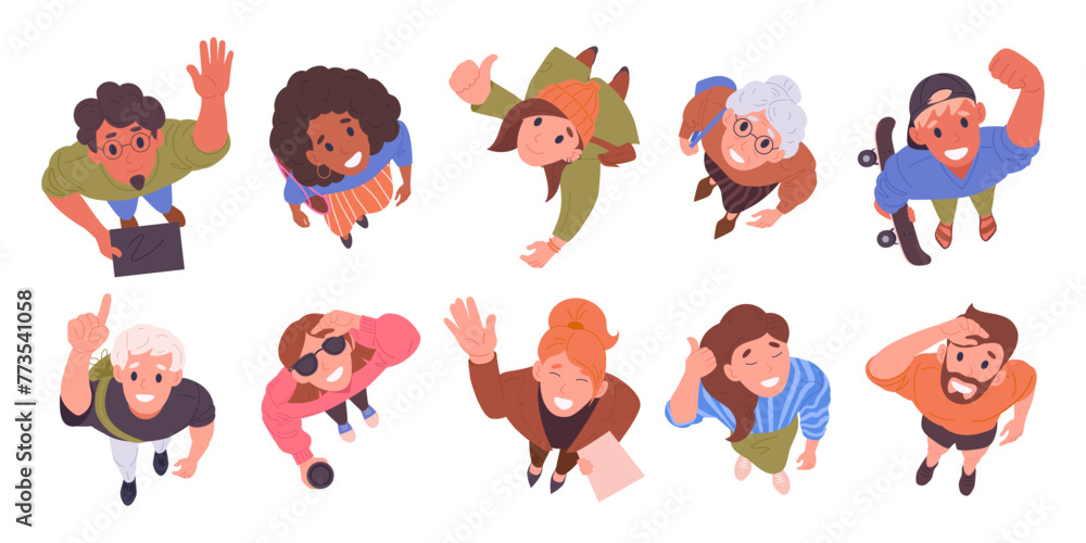 © GreenSkyStudio - People looking upwards. Male and female characters top view look up, men and women view from above amazed something in sky flat vector illustration set. Cartoon people staring up