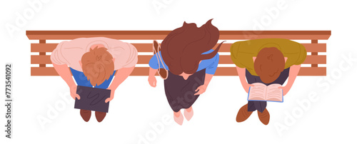 People sitting on bench. Characters view from above on wooden bench, men and woman reading or working with gadgets top view flat vector illustration. Cartoon sitting people top view © GreenSkyStudio