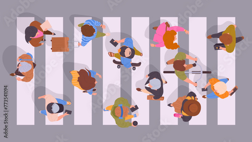 People on crosswalk top view. Pedestrians walking down the street view from above, male and female passersby crossing road flat vector illustration set. Characters crossing road top view