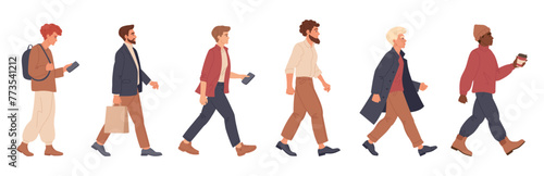 Walking men. Male characters going to office or walking, pedestrians walk, guys walk together flat vector illustration set. Stylish men group on walk