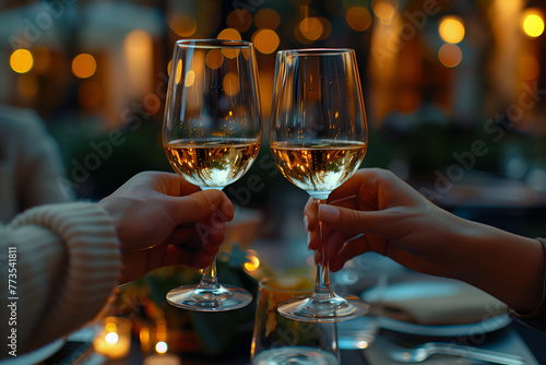 "Hands clinking wine glasses over dinner, celebrating friendship and togetherness in a cozy setting."