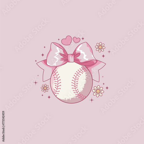 cute coquette style illustration of baseball with a pink ribbon