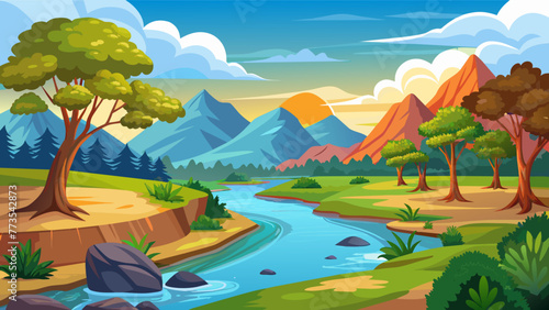 beautiful landscape with trees lakes vector illustration 