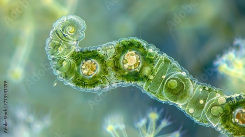 A high magnification image of a single cyanobacteria cell with its distinct spiral shape and pigmented granules. photo