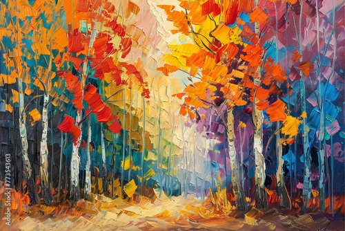 Abstract oil painting of an autumn forest with warm, vibrant colors.