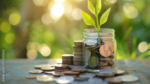 Sustainable Growth Concept with Coins and Plant in Jar on Nature Background