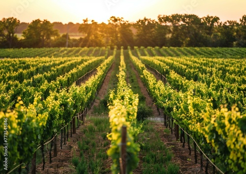 Captivating Sunset Over Lush Vineyard Rows in Countryside Scenery