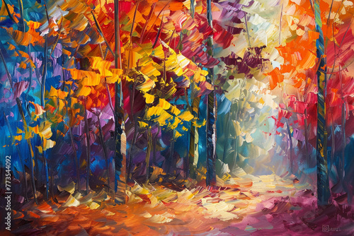 Abstract oil painting of an autumn forest with warm, vibrant colors.