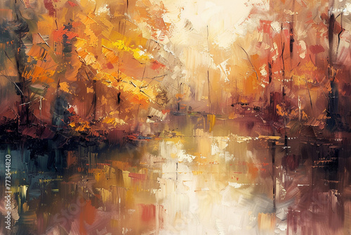 An abstract oil painting of a tranquil forest in autumn.
