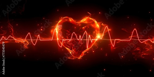Neon red ECG graph on black background showing heart rate. Concept Medical Illustration, ECG Monitoring, Heart Health, Cardiology, Digital Design