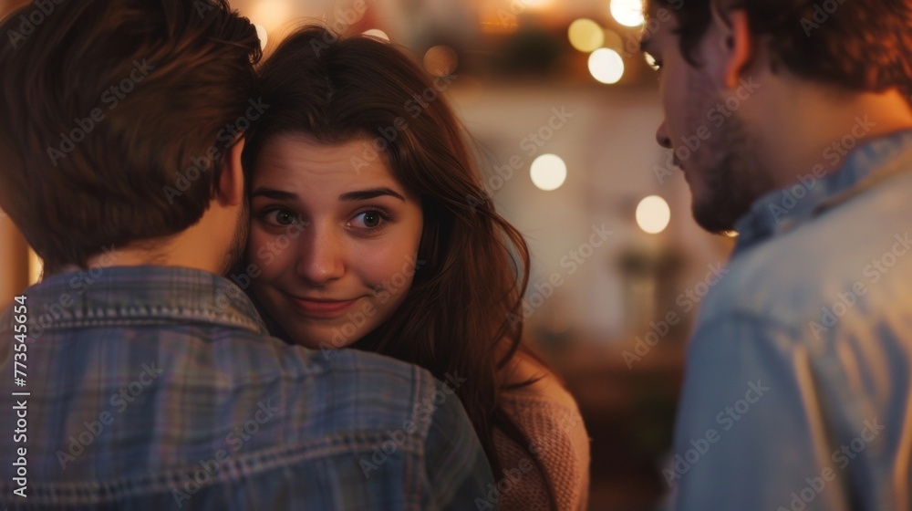 Fototapeta premium A young couple embraces as they hear the words of a fortune teller hidden identity adding an extra level of intrigue to . .