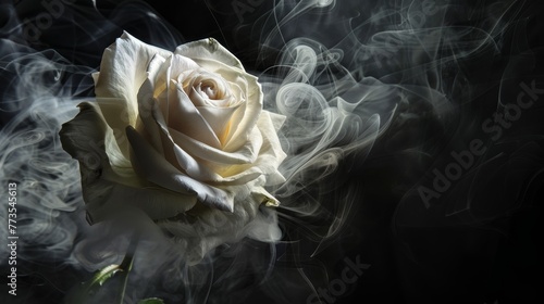 White rose wrapped in smoke swirl on black background