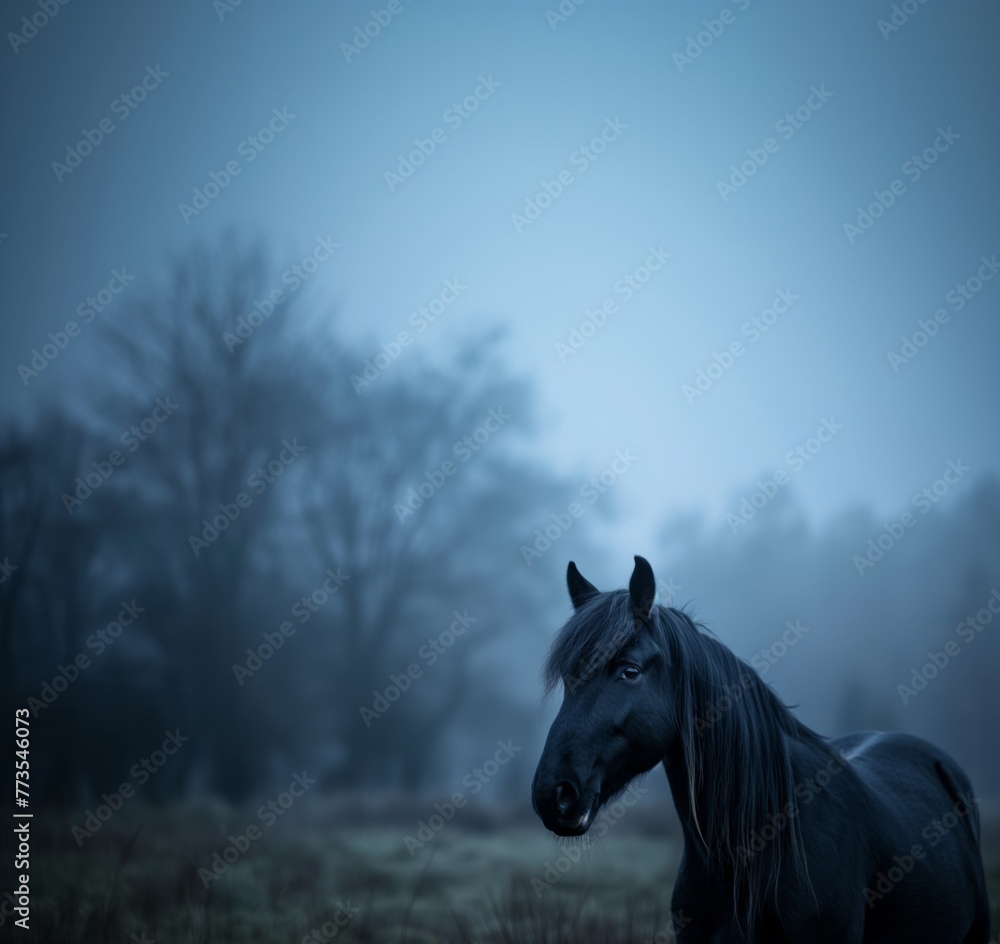 Black Horse at Blue Hour created with Generative AI Technology, ai, generative Black Horse at Blue Hour created with Generative AI Technology, ai, generative