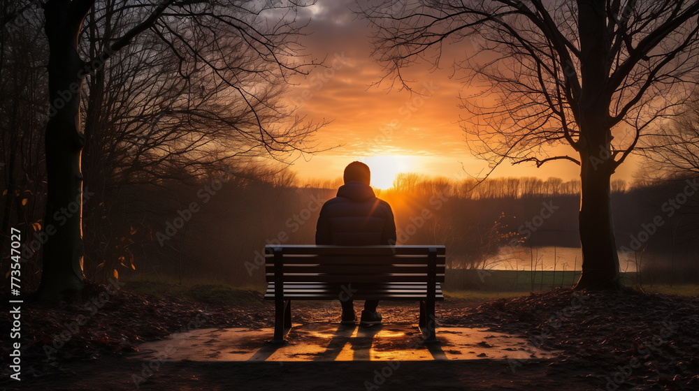 Individual seated on a park bench, silhouetted against a serene lake at sunset, embodying peace and solitude. Individual seated on a park bench, silhouetted against a serene lake at sunset, embodying peace and solitude.