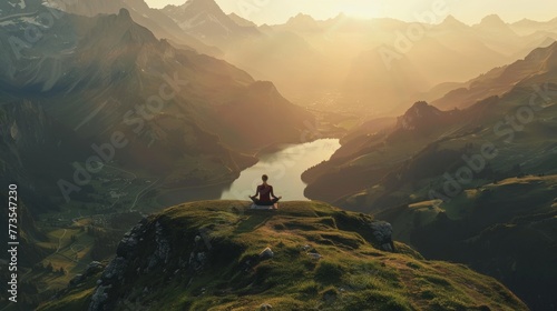 Mesmerizing stock footage showcasing a peaceful morning yoga routine amidst mountain vistas, capturing the essence of mindfulness and nature's embrace. photo