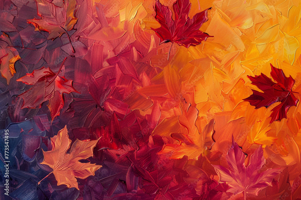 Autumn leaves in vibrant shades of red, orange, and yellow depicted in an abstract oil painting.