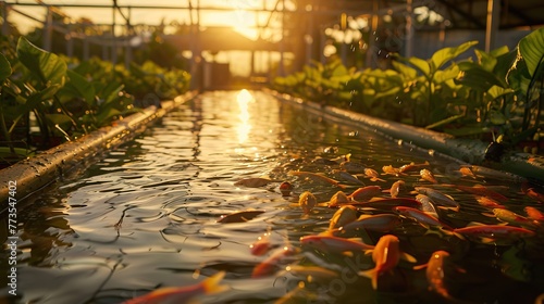 Aquaponics system with fish and plants symbiotically growing