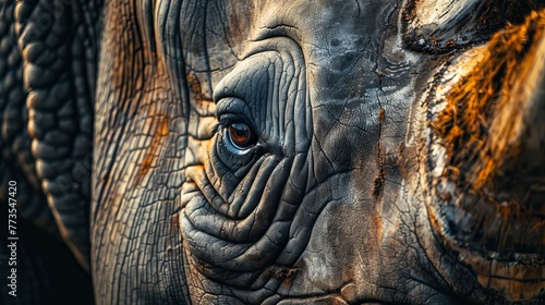 Capture the profound essence of a rhino's spirit with this compelling close-up of its eye, radiating strength and depth, perfect for illustrating the majestic allure of exotic wildlife.
