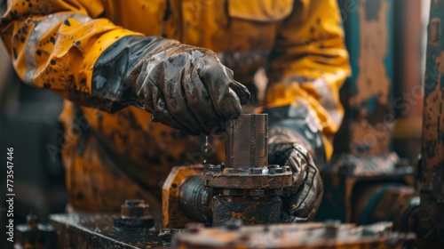 A close-up glimpse into the world of oil extraction reveals the deft hands of a rig worker expertly handling drilling machinery, radiating strength and precision.