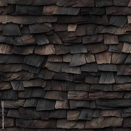 A seamless texture of weathered wooden shingle, with each piece showcasing its unique history and character in shades of dark brown to black
