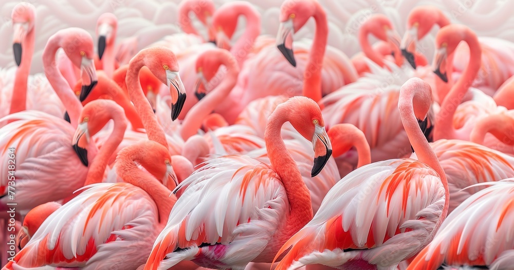 Obraz premium Flamingo flock, one leg tucked under, vibrant pink feathers against white. 