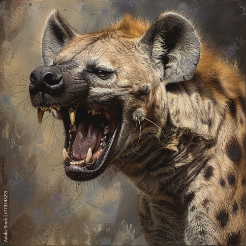 Hyena laughing, matriarchal society's cunning survivor, fur detail emphasizedv
