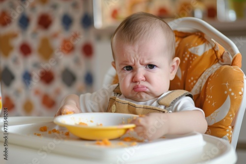 a cute baby refuse to eat in disgust